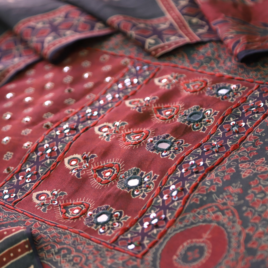 Newari Midnight Black Patra Work in All Over Ajrak Printed Muslin Suit Set