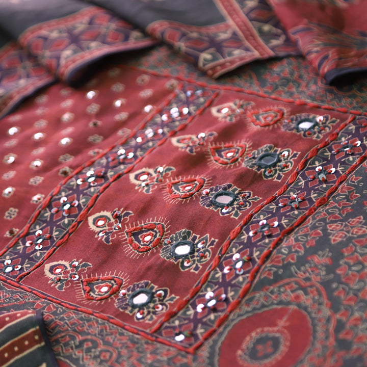 Newari Midnight Black Patra Work in All Over Ajrak Printed Muslin Suit Set