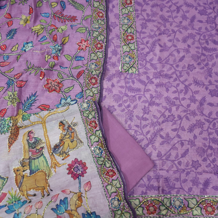 Shreya Lavish Lavender Self Floral Printed in Kantha Embroidery Work Chanderi Set