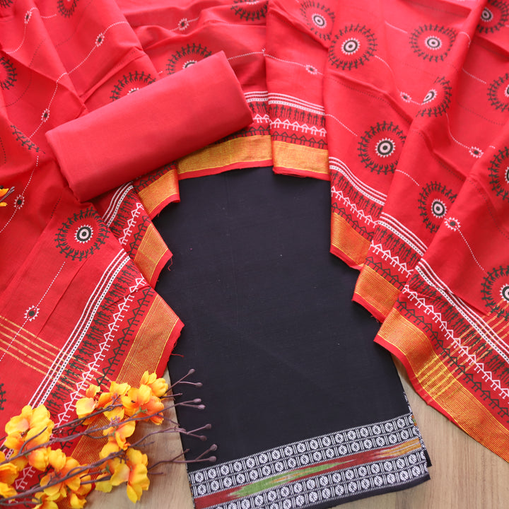 Subhranti Ebony Black Mangalgiri Hem Top with Warli Printed South Cotton Set