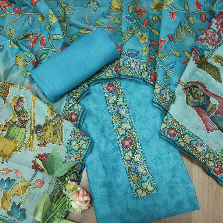 Shreya Aqua Sky Blue Self Floral Printed in Kantha Embroidery Work Chanderi Set