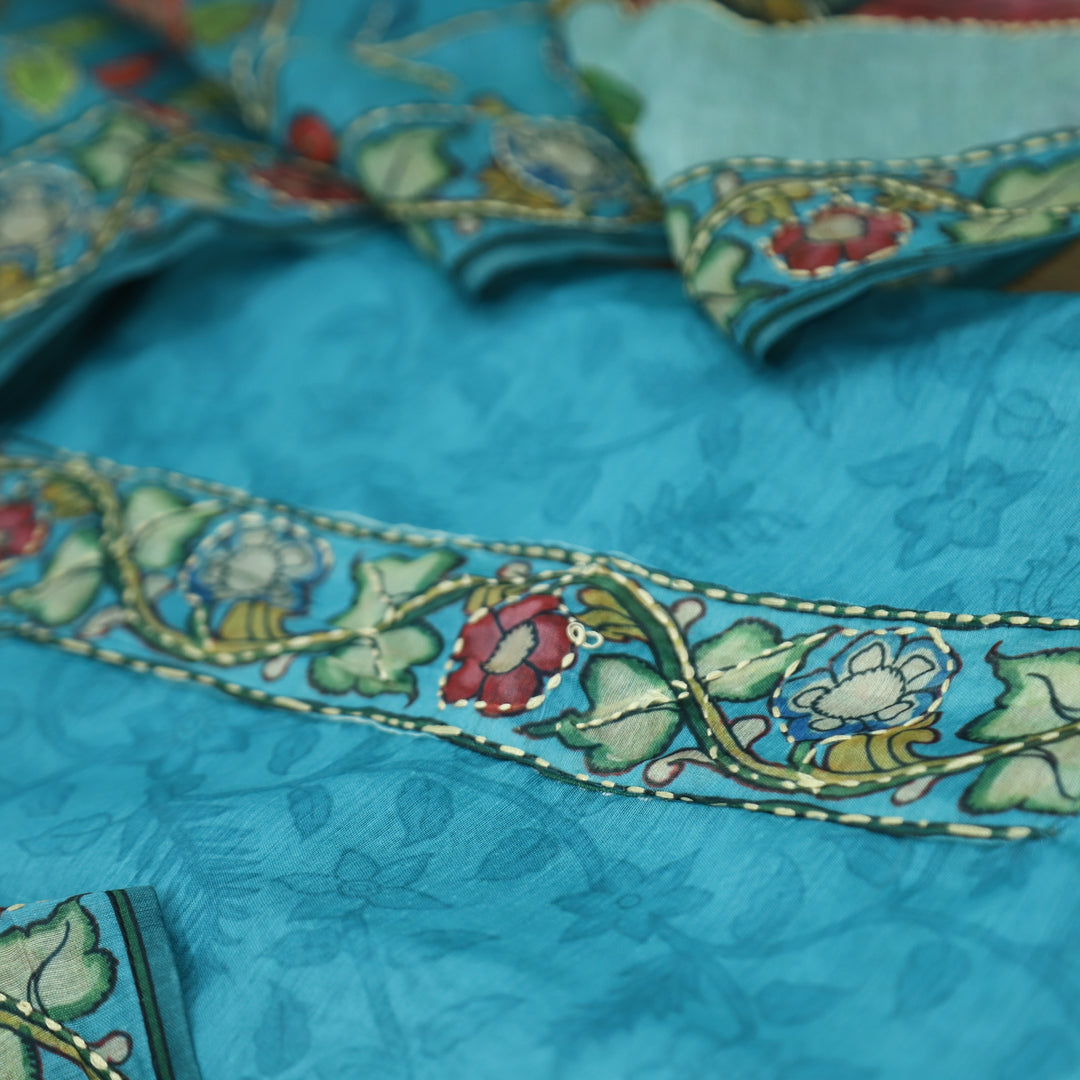 Shreya Aqua Sky Blue Self Floral Printed in Kantha Embroidery Work Chanderi Set