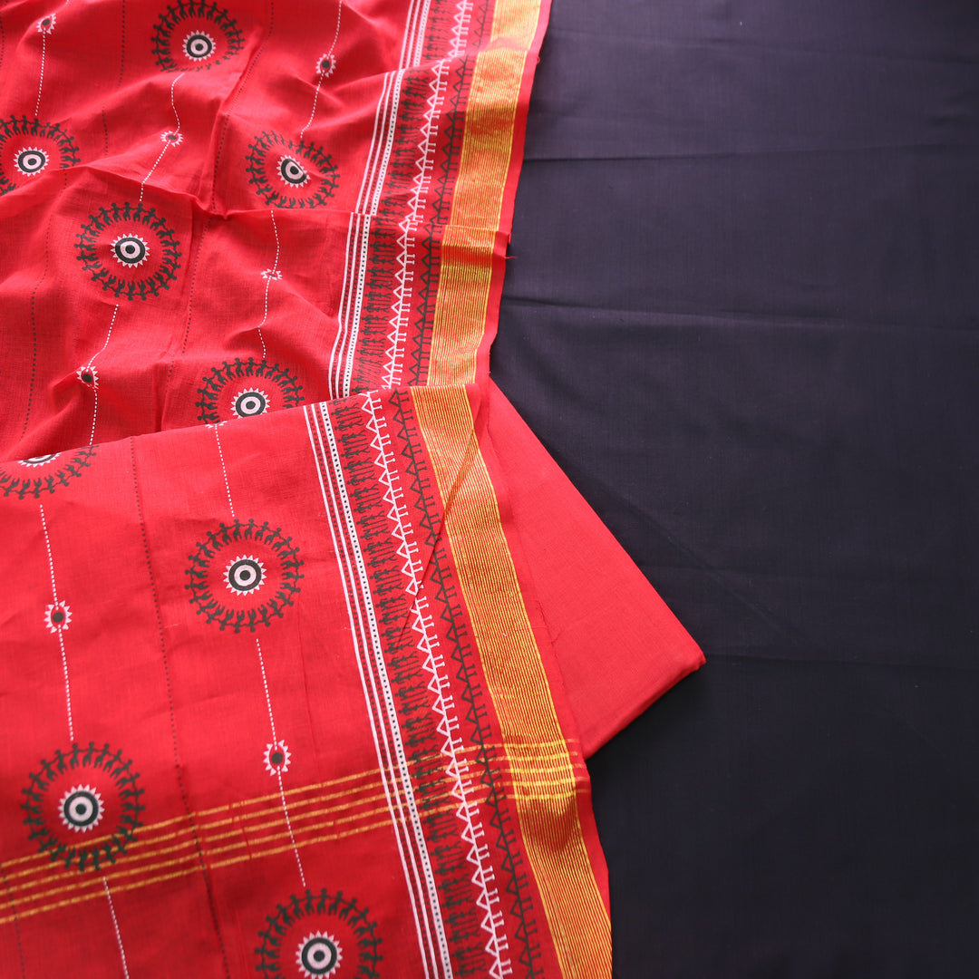 Subhranti Ebony Black Mangalgiri Hem Top with Warli Printed South Cotton Set