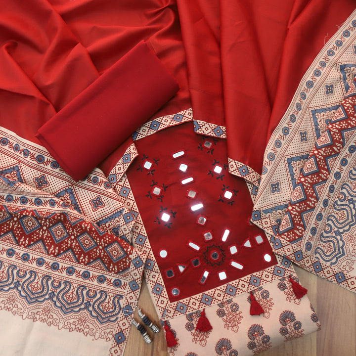 Anjaani Skinn Beige Mirror Neck Work Patch Ajrak Print Cotton Suit Set D2