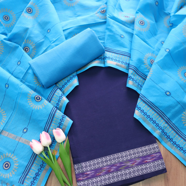 Subhranti Denim Blue Mangalgiri Hem Top with Warli Printed South Cotton Set