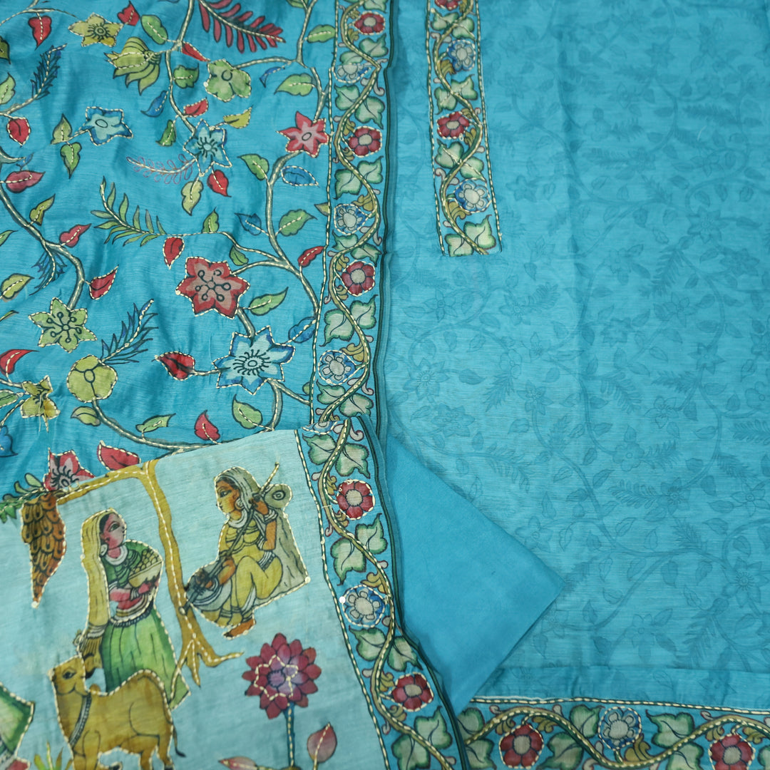 Shreya Aqua Sky Blue Self Floral Printed in Kantha Embroidery Work Chanderi Set