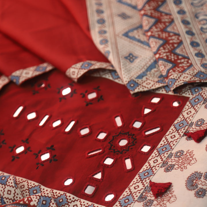 Anjaani Skinn Beige Mirror Neck Work Patch Ajrak Print Cotton Suit Set D2
