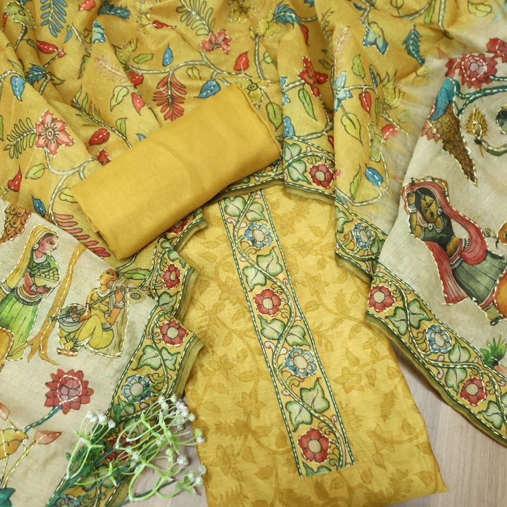 Shreya Mustard Yellow Self Floral Printed in Kantha Embroidery Work Chanderi Set