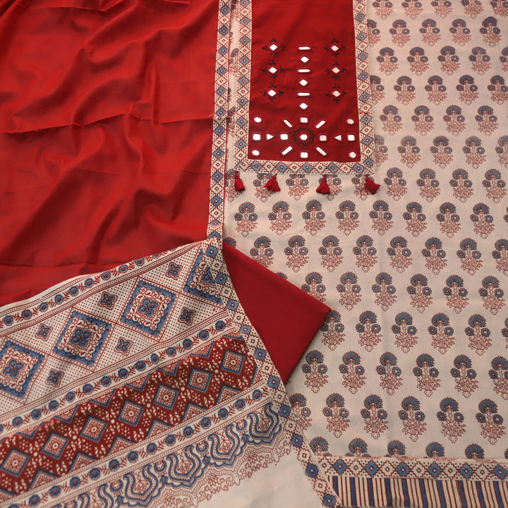 Anjaani Skinn Beige Mirror Neck Work Patch Ajrak Print Cotton Suit Set D2