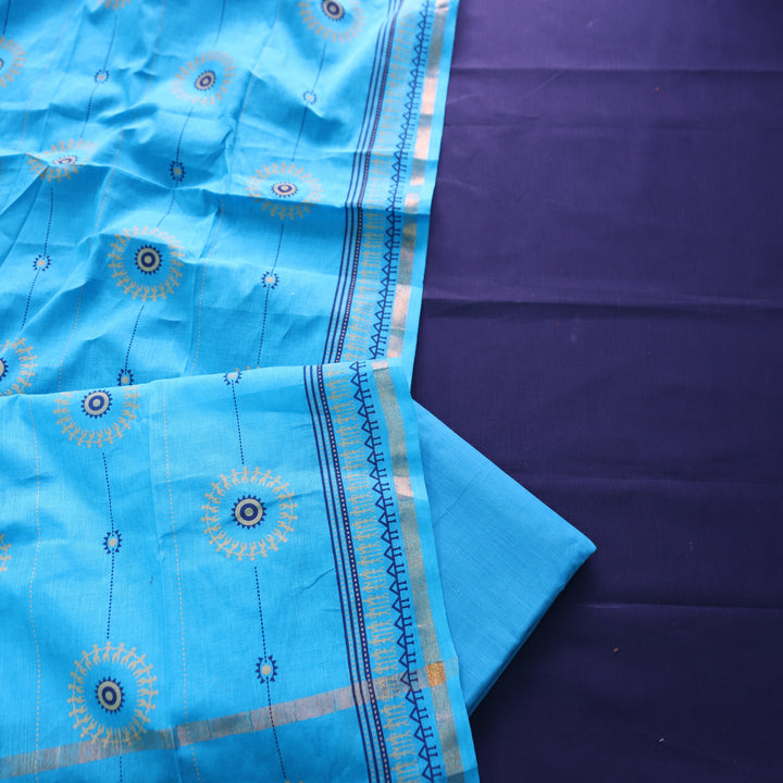 Subhranti Denim Blue Mangalgiri Hem Top with Warli Printed South Cotton Set