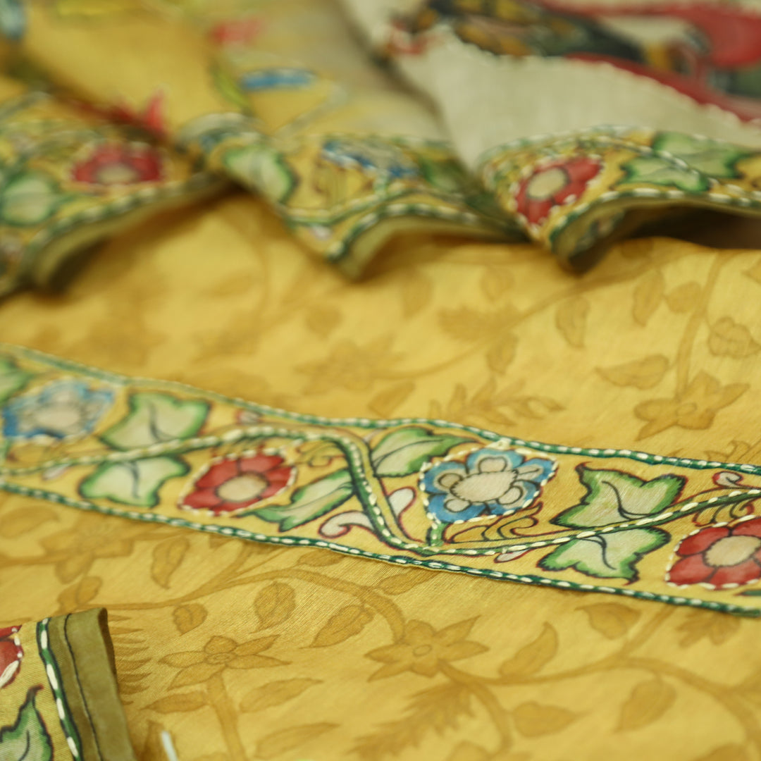 Shreya Mustard Yellow Self Floral Printed in Kantha Embroidery Work Chanderi Set