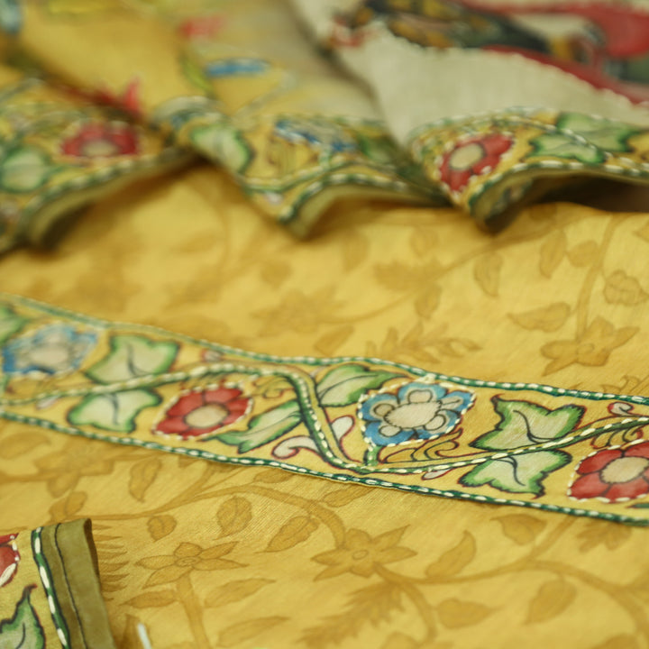 Shreya Mustard Yellow Self Floral Printed in Kantha Embroidery Work Chanderi Set