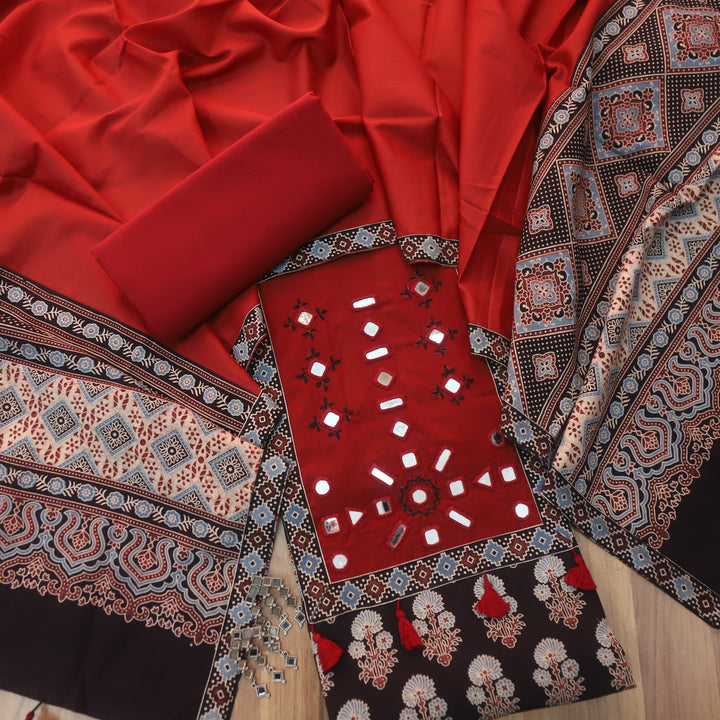 Anjaani Ebony Black Mirror Neck Work Patch Ajrak Print Cotton Suit Set D2