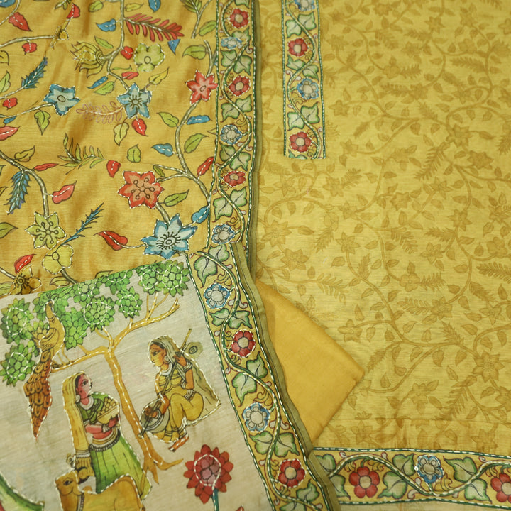 Shreya Mustard Yellow Self Floral Printed in Kantha Embroidery Work Chanderi Set