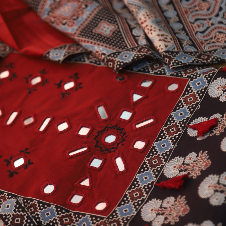 Anjaani Ebony Black Mirror Neck Work Patch Ajrak Print Cotton Suit Set D2
