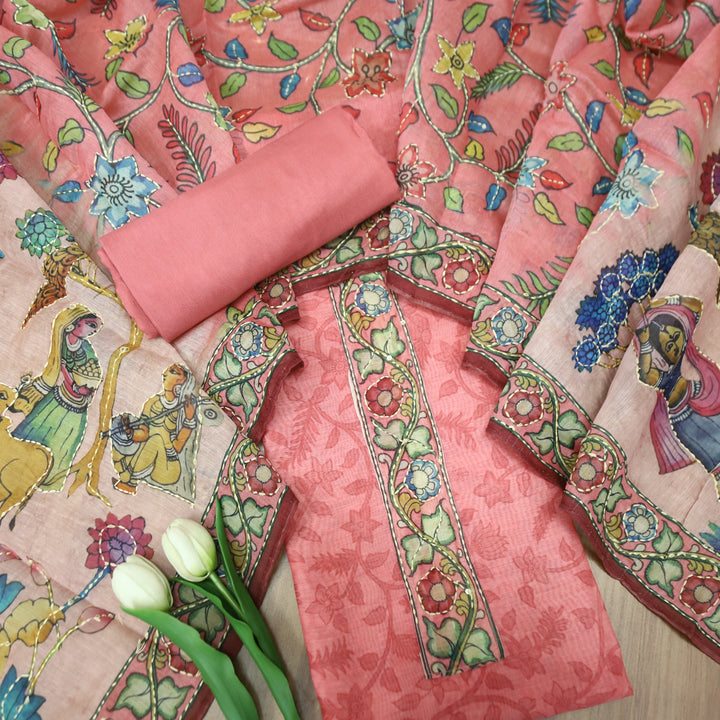 Shreya Petal Pink Self Floral Printed in Kantha Embroidery Work Chanderi Set