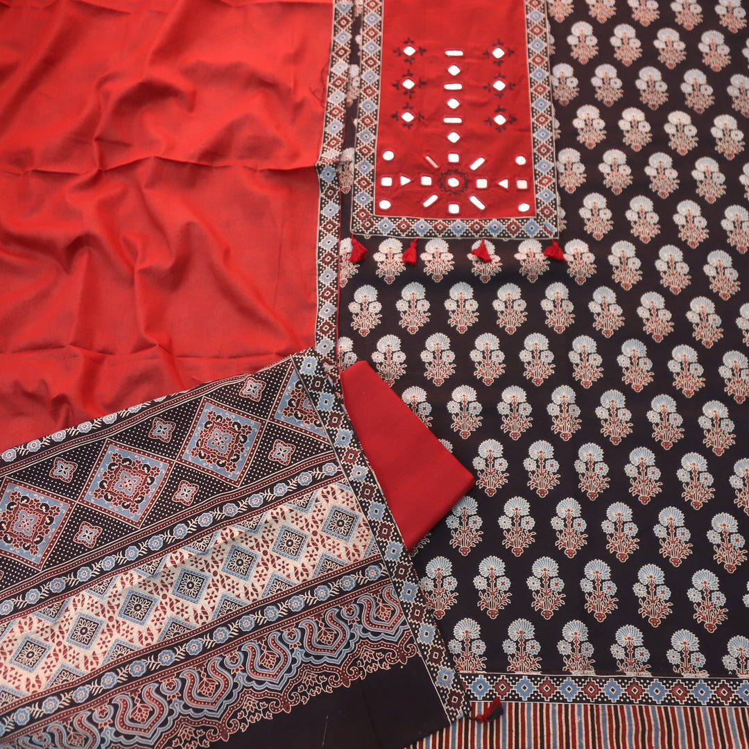 Anjaani Ebony Black Mirror Neck Work Patch Ajrak Print Cotton Suit Set D2