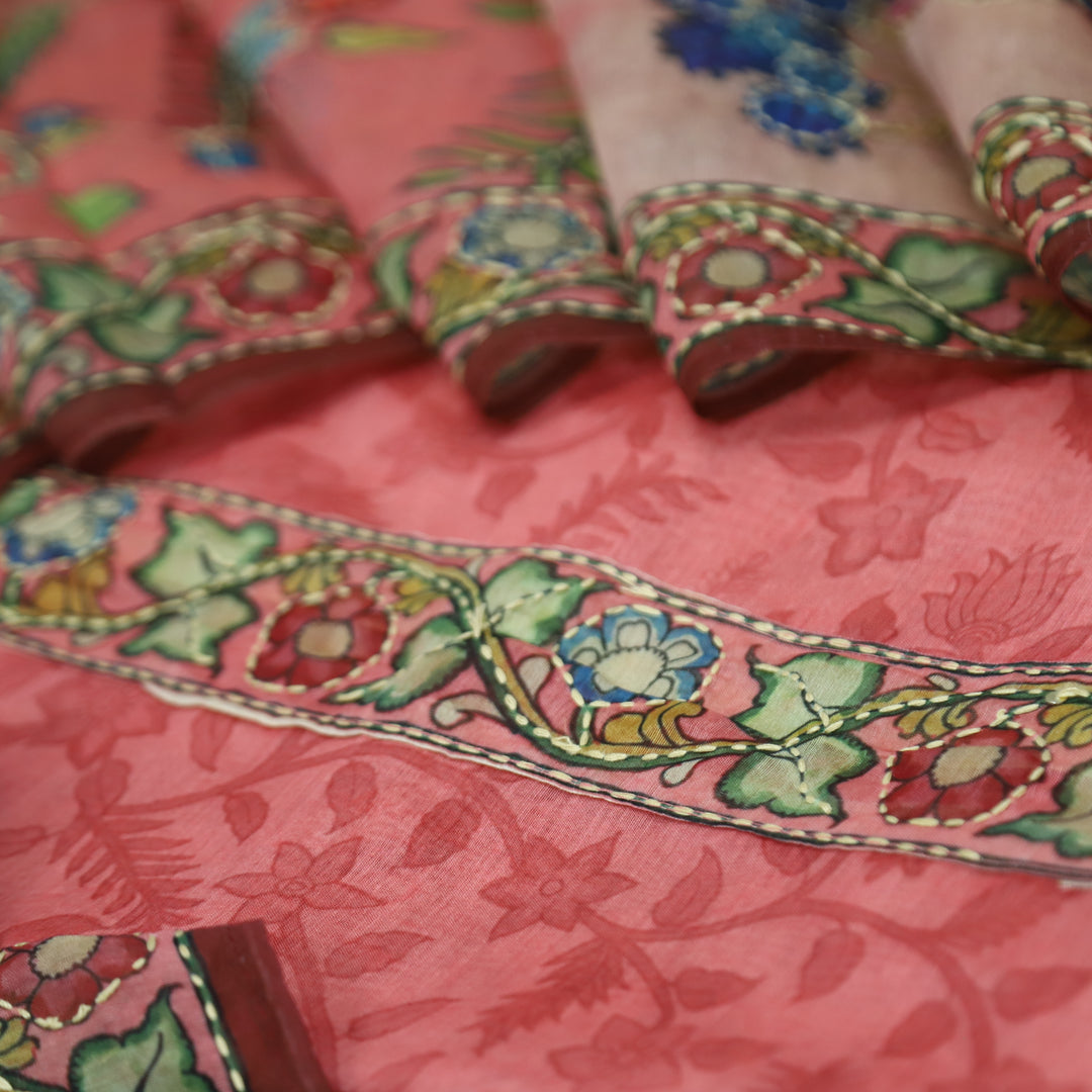 Shreya Petal Pink Self Floral Printed in Kantha Embroidery Work Chanderi Set