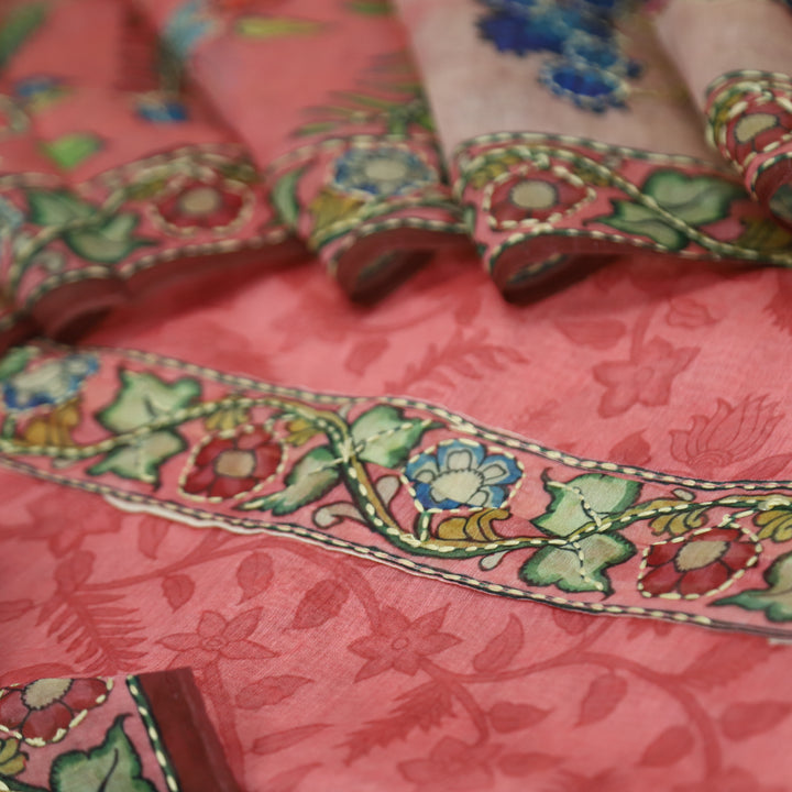 Shreya Petal Pink Self Floral Printed in Kantha Embroidery Work Chanderi Set
