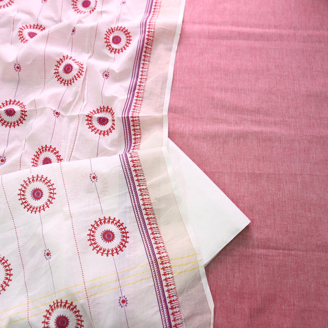 Subhranti Rosy Red Mangalgiri Hem Top with Warli Printed South Cotton Set
