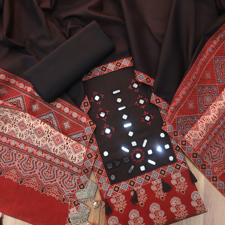 Anjaani Ruby Red Mirror Neck Work Patch Ajrak Print Cotton Suit Set D2