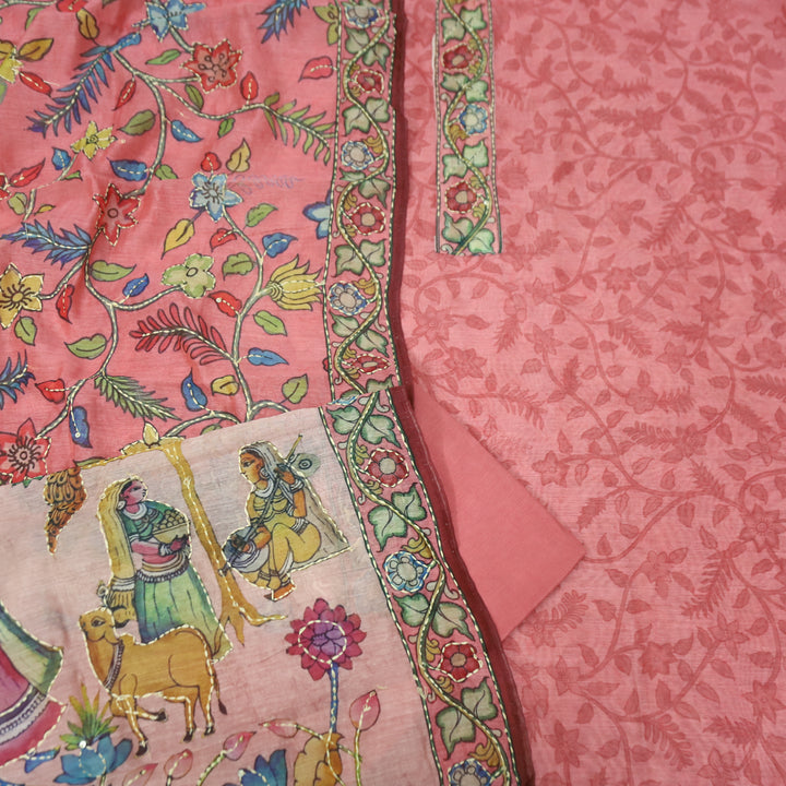 Shreya Petal Pink Self Floral Printed in Kantha Embroidery Work Chanderi Set