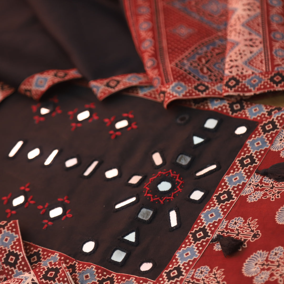 Anjaani Ruby Red Mirror Neck Work Patch Ajrak Print Cotton Suit Set D2