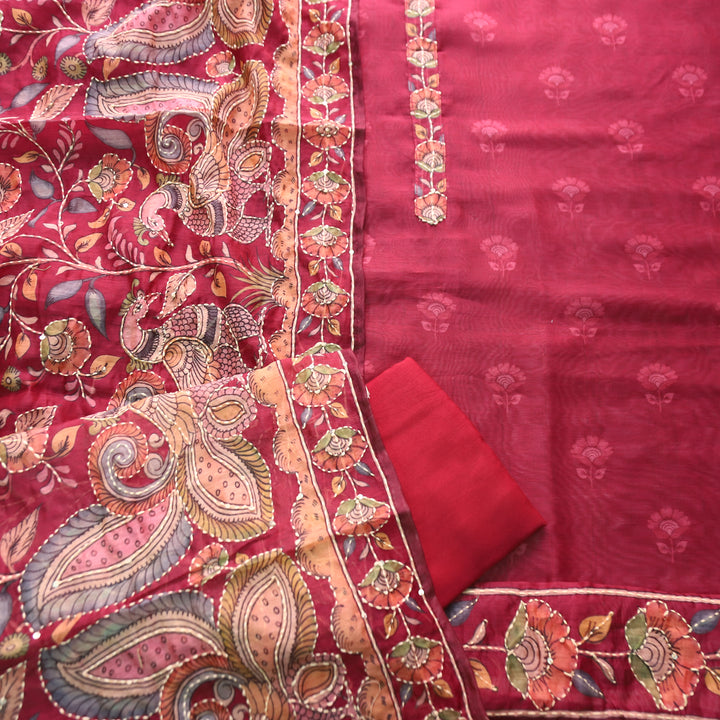 Farhana Dark Wine Self Printed in Kantha Embroidery Neck Work Chanderi Set