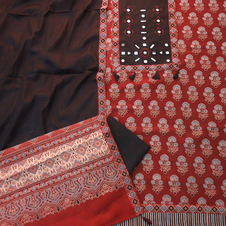 Anjaani Ruby Red Mirror Neck Work Patch Ajrak Print Cotton Suit Set D2