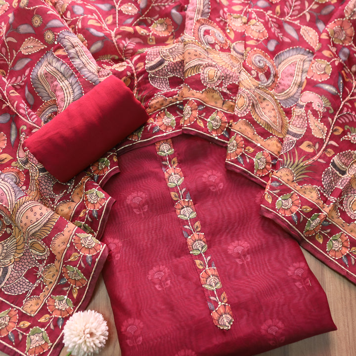 Farhana Dark Wine Self Printed in Kantha Embroidery Neck Work Chanderi Set