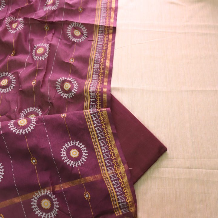 Subhranti Cream Beige Mangalgiri Hem Top with Warli Printed South Cotton Set