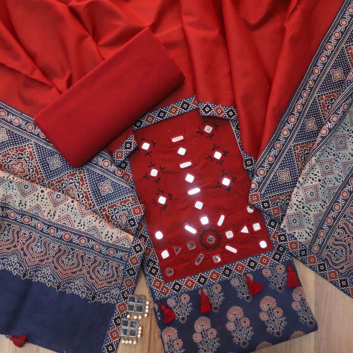 Anjaani Cerulean Blue Mirror Neck Work Patch Ajrak Print Cotton Suit Set D2
