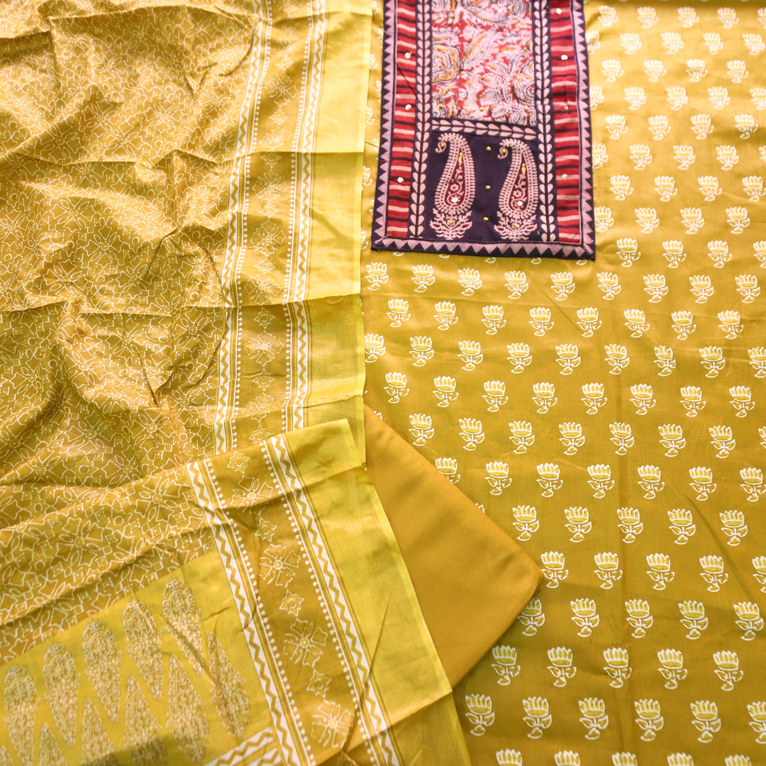 Roshni Canary Yellow Kalamkari Yoke with French Knot Printed Jam Cotton Set