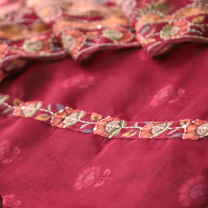 Farhana Dark Wine Self Printed in Kantha Embroidery Neck Work Chanderi Set