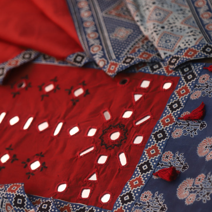 Anjaani Cerulean Blue Mirror Neck Work Patch Ajrak Print Cotton Suit Set D2