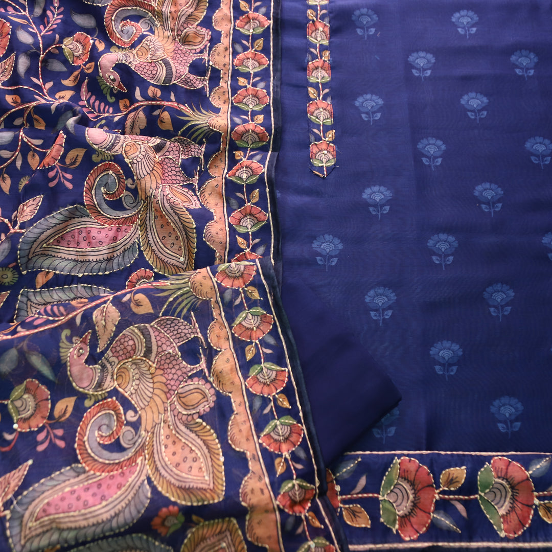 Farhana Royal Blue Self Printed in Kantha Embroidery Neck Work Chanderi Set