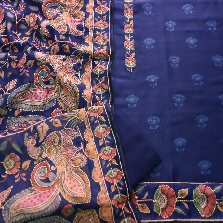 Farhana Royal Blue Self Printed in Kantha Embroidery Neck Work Chanderi Set