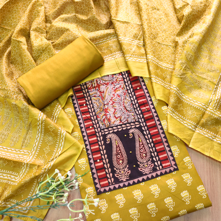Roshni Canary Yellow Kalamkari Yoke with French Knot Printed Jam Cotton Set