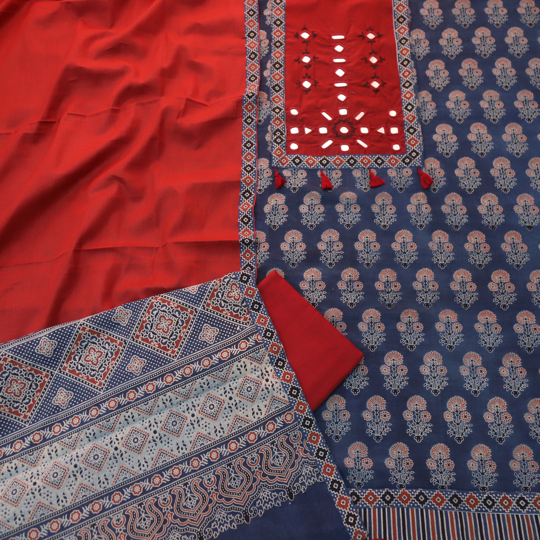 Anjaani Cerulean Blue Mirror Neck Work Patch Ajrak Print Cotton Suit Set D2