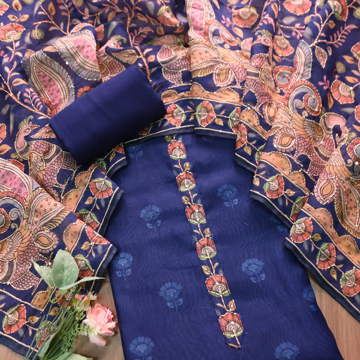 Farhana Royal Blue Self Printed in Kantha Embroidery Neck Work Chanderi Set