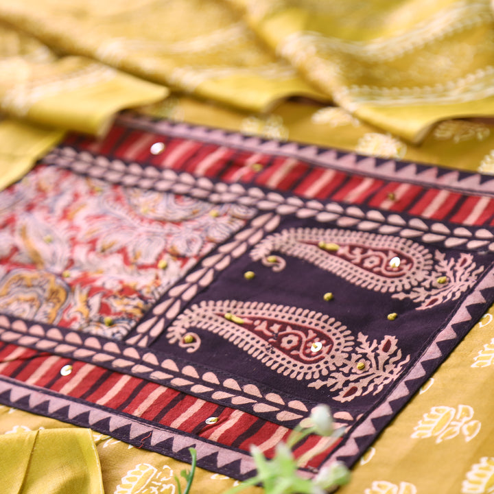 Roshni Canary Yellow Kalamkari Yoke with French Knot Printed Jam Cotton Set