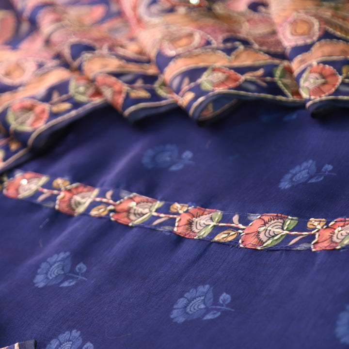 Farhana Royal Blue Self Printed in Kantha Embroidery Neck Work Chanderi Set