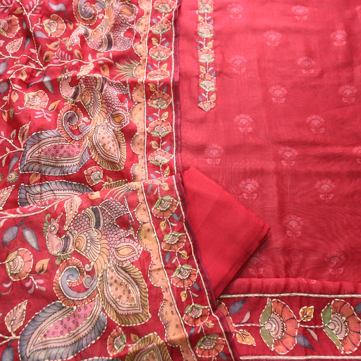 Farhana Cherry Red Self Printed in Kantha Embroidery Neck Work Chanderi Set