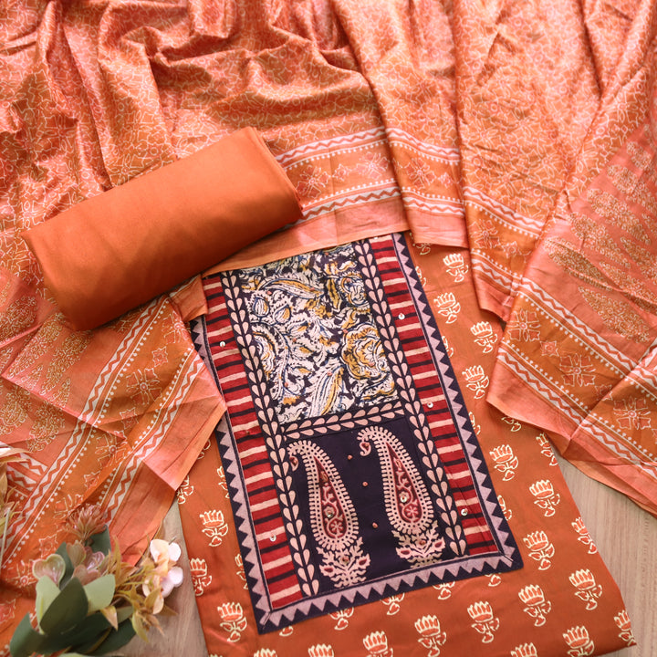Roshni Burnt Orange Kalamkari Yoke with French Knot Printed Jam Cotton Set