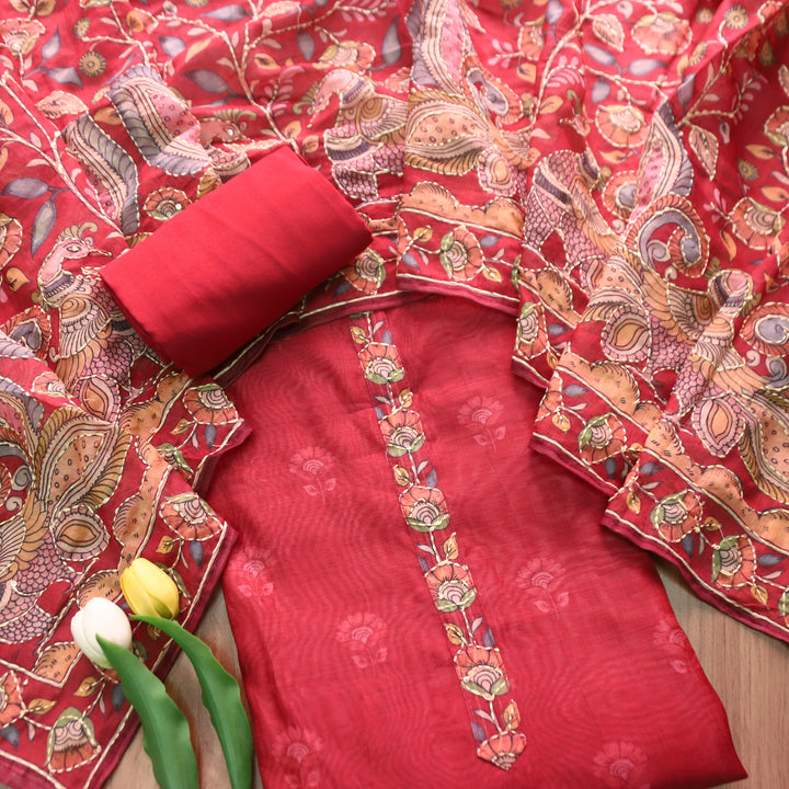 Farhana Cherry Red Self Printed in Kantha Embroidery Neck Work Chanderi Set