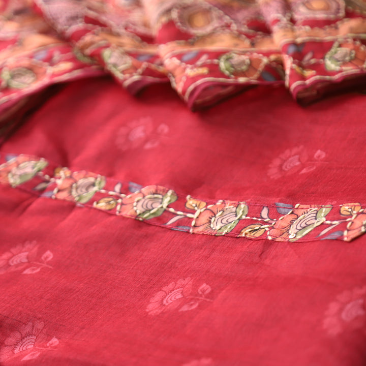 Farhana Cherry Red Self Printed in Kantha Embroidery Neck Work Chanderi Set