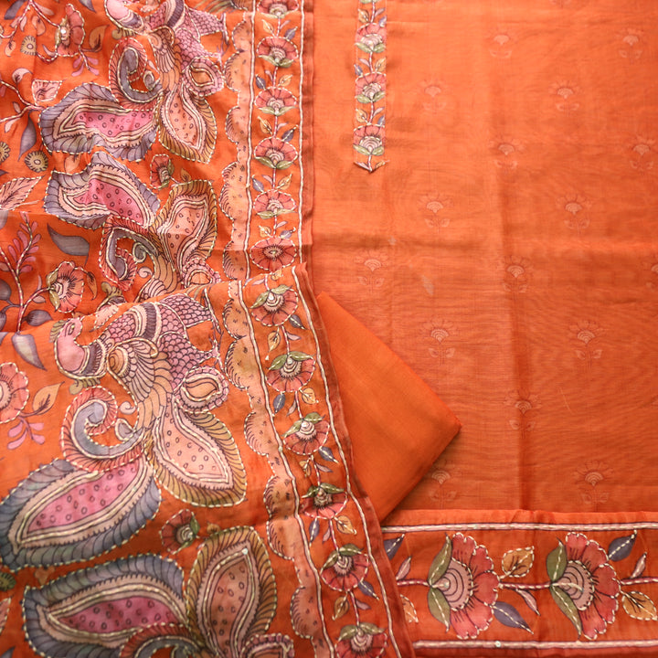 Farhana Dusky Rust Self Printed in Kantha Embroidery Neck Work Chanderi Set