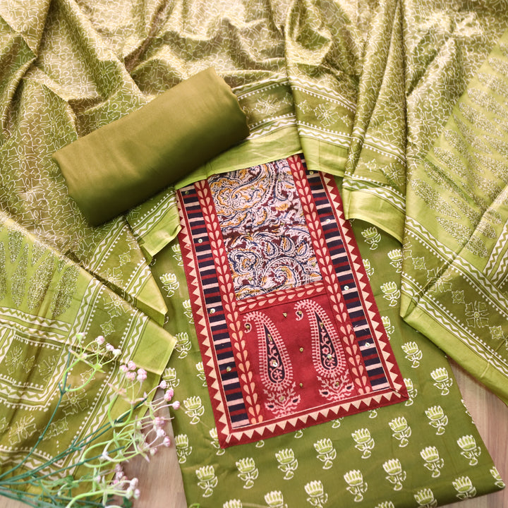 Roshni Grass Green Kalamkari Yoke with French Knot Printed Jam Cotton Set