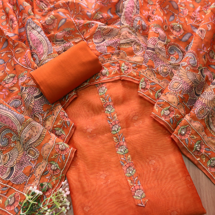 Farhana Dusky Rust Self Printed in Kantha Embroidery Neck Work Chanderi Set