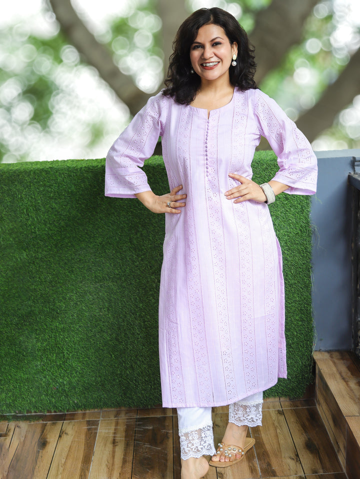 Aisha Tulip Lilac Potli Button Cotton Schiffli Kurti